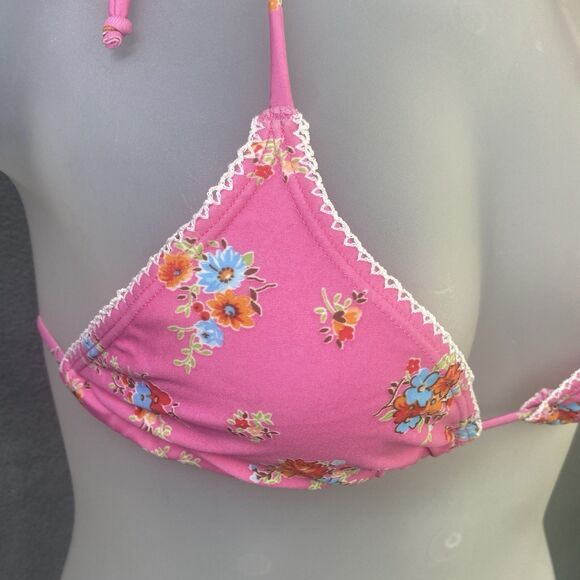 AGUA DOCE Brazilian 2-pc Bikini Size Small Pink Flowers Lace Trim Hip Tie - Picture 6 of 12